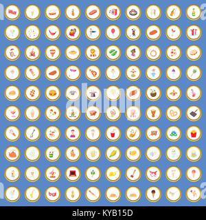 100 street festival icons circle set on blue background cartoon style vector illustration Stock Vector