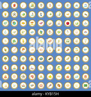 100 summer holidays icons circle set on blue background cartoon style vector illustration Stock Vector