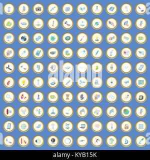 100 technology icons circle set on blue background cartoon style vector illustration Stock Vector