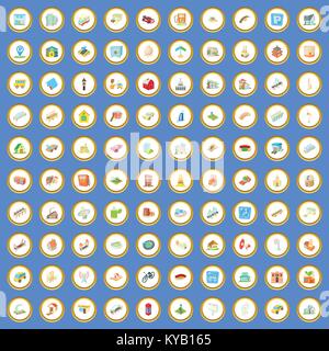 100 urban icons circle set on blue background cartoon style vector illustration Stock Vector