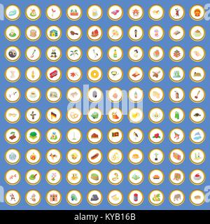 100 world icons circle set on blue background cartoon style vector illustration Stock Vector