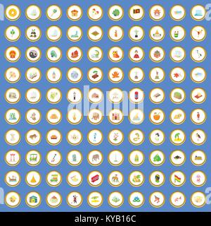 100 world tour icons circle set on blue background cartoon style vector illustration Stock Vector