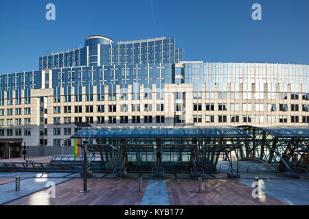 Front side of the European Parliament buildings in Brussels. Perspective corrected via lens shift. Stock Photo