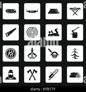 Timber industry icons set in white squares on black background simple style vector illustration Stock Vector