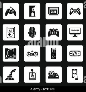 Video game icons set in white squares on black background simple style vector illustration Stock Vector