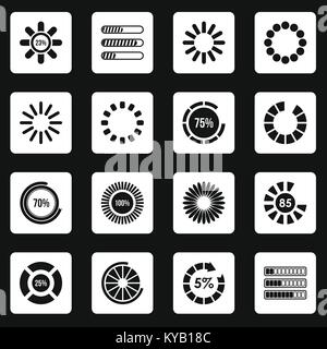 Loading bars and preloaders icons set in white squares on black background simple style vector illustration Stock Vector