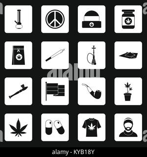 Rastafarian icons set in white squares on black background simple style vector illustration Stock Vector