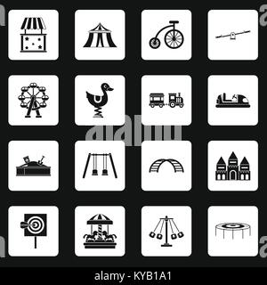 Amusement park icons set in white squares on black background simple style vector illustration Stock Vector