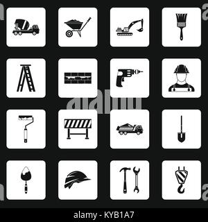 Construction icons set in white squares on black background simple style vector illustration Stock Vector