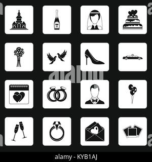 Wedding icons set in white squares on black background simple style vector illustration Stock Vector