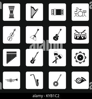 Musical instruments icons set in white squares on black background simple style vector illustration Stock Vector