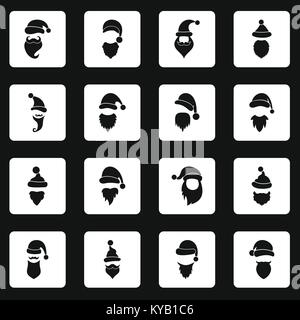 Santa hats, mustache and beards icons set in white squares on black background simple style vector illustration Stock Vector