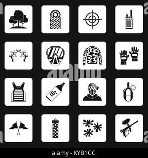 Paintball icons set in white squares on black background simple style vector illustration Stock Vector