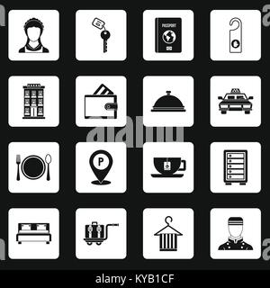 Hotel icons set in white squares on black background simple style vector illustration Stock Vector