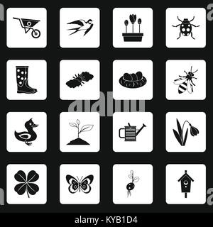 Spring icons set in white squares on black background simple style vector illustration Stock Vector