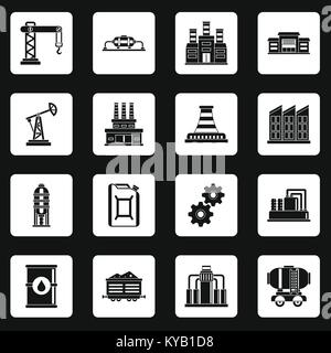Industry icons set in white squares on black background simple style vector illustration Stock Vector