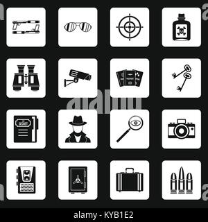 Spy tools icons set in white squares on black background simple style vector illustration Stock Vector