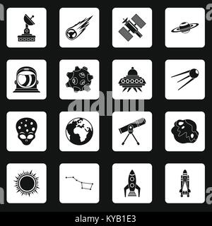 Space icons set in white squares on black background simple style vector illustration Stock Vector