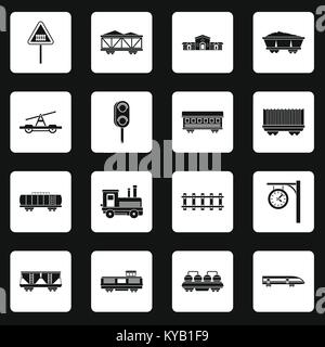 Railway icons set in white squares on black background simple style vector illustration Stock Vector