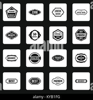 Golden labels icons set in white squares on black background simple style vector illustration Stock Vector