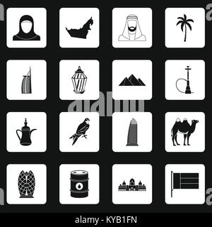 UAE travel icons set in white squares on black background simple style vector illustration Stock Vector