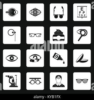 Ophthalmologist tools icons set in white squares on black background simple style vector illustration Stock Vector
