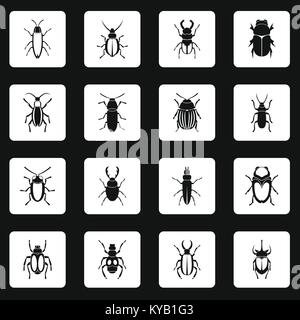 Bugs icons set in white squares on black background simple style vector illustration Stock Vector