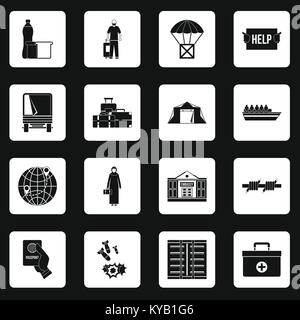 Refugees problem icons set in white squares on black background simple style vector illustration Stock Vector