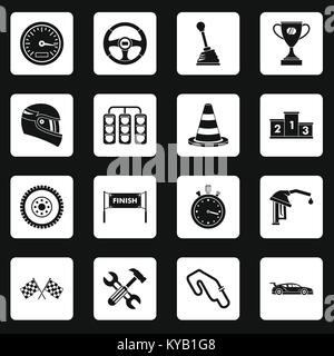 Racing speed icons set in white squares on black background simple style vector illustration Stock Vector