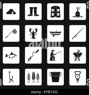 Fire fighting icons set in white squares on black background simple style vector illustration Stock Vector