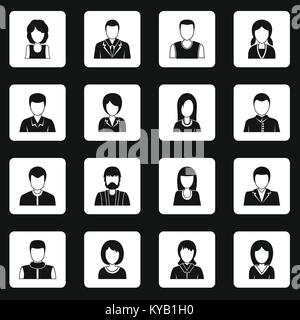 Various people icons set in white squares on black background simple style vector illustration Stock Vector