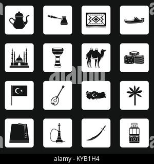 Turkey travel icons set in white squares on black background simple style vector illustration Stock Vector