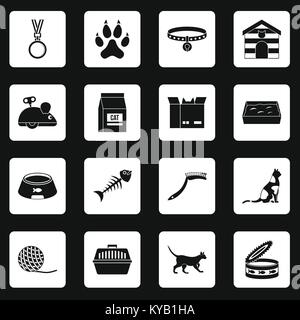 Cat care tools icons set in white squares on black background simple style vector illustration Stock Vector
