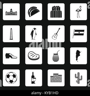 Argentina travel items icons set in white squares on black background simple style vector illustration Stock Vector