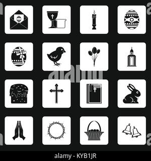 Easter items icons set in white squares on black background simple style vector illustration Stock Vector