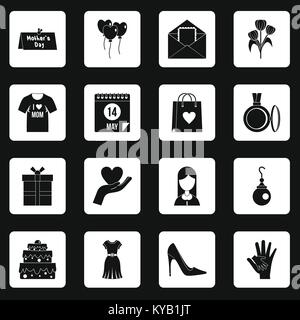 Mothers day icons set in white squares on black background simple style vector illustration Stock Vector