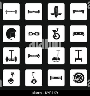 Balancing scooter icons set in white squares on black background simple style vector illustration Stock Vector