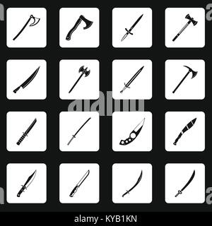 Steel arms symbols icons set in white squares on black background simple style vector illustration Stock Vector