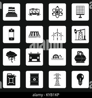 Energy sources icons set in white squares on black background simple style vector illustration Stock Vector