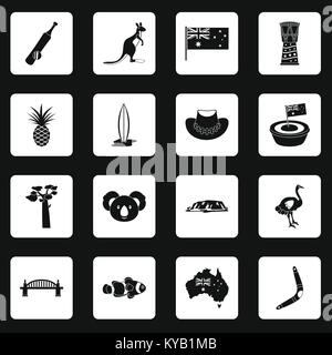 Australia travel icons set in white squares on black background simple style vector illustration Stock Vector
