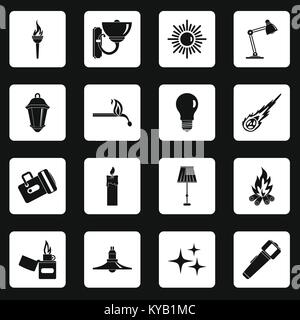 Light source symbols icons set in white squares on black background simple style vector illustration Stock Vector
