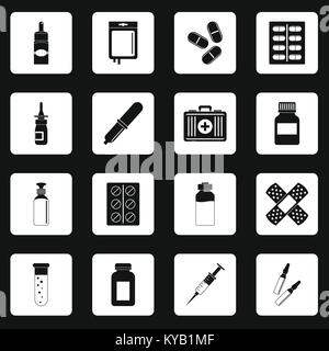 Different drugs icons set in white squares on black background simple style vector illustration Stock Vector