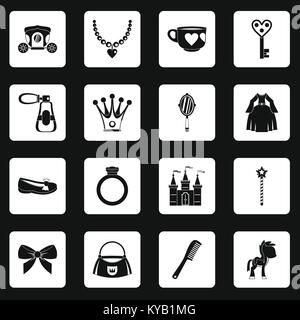 Doll princess items icons set in white squares on black background simple style vector illustration Stock Vector