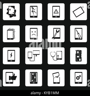Device repair symbols icons set in white squares on black background simple style vector illustration Stock Vector
