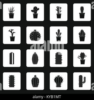 Different cactuses icons set in white squares on black background simple style vector illustration Stock Vector