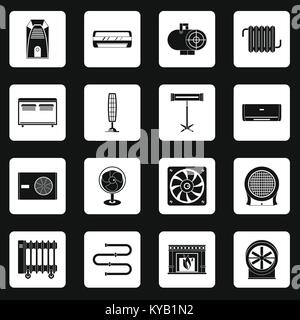 Heating cooling air icons set in white squares on black background simple style vector illustration Stock Vector