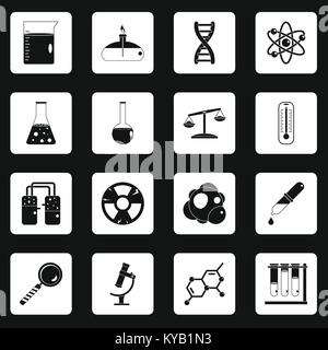 Chemical laboratory icons set in white squares on black background simple style vector illustration Stock Vector