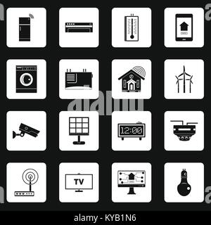 Smart home house icons set in white squares on black background simple style vector illustration Stock Vector