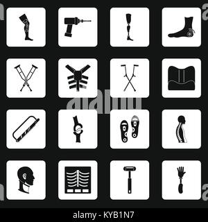 Orthopedics prosthetics icons set in white squares on black background simple style vector illustration Stock Vector
