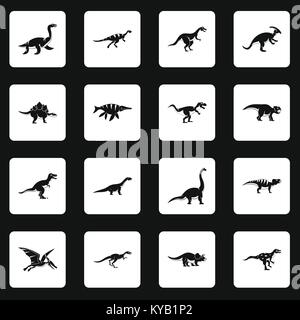 Dinosaur icons set in white squares on black background simple style vector illustration Stock Vector